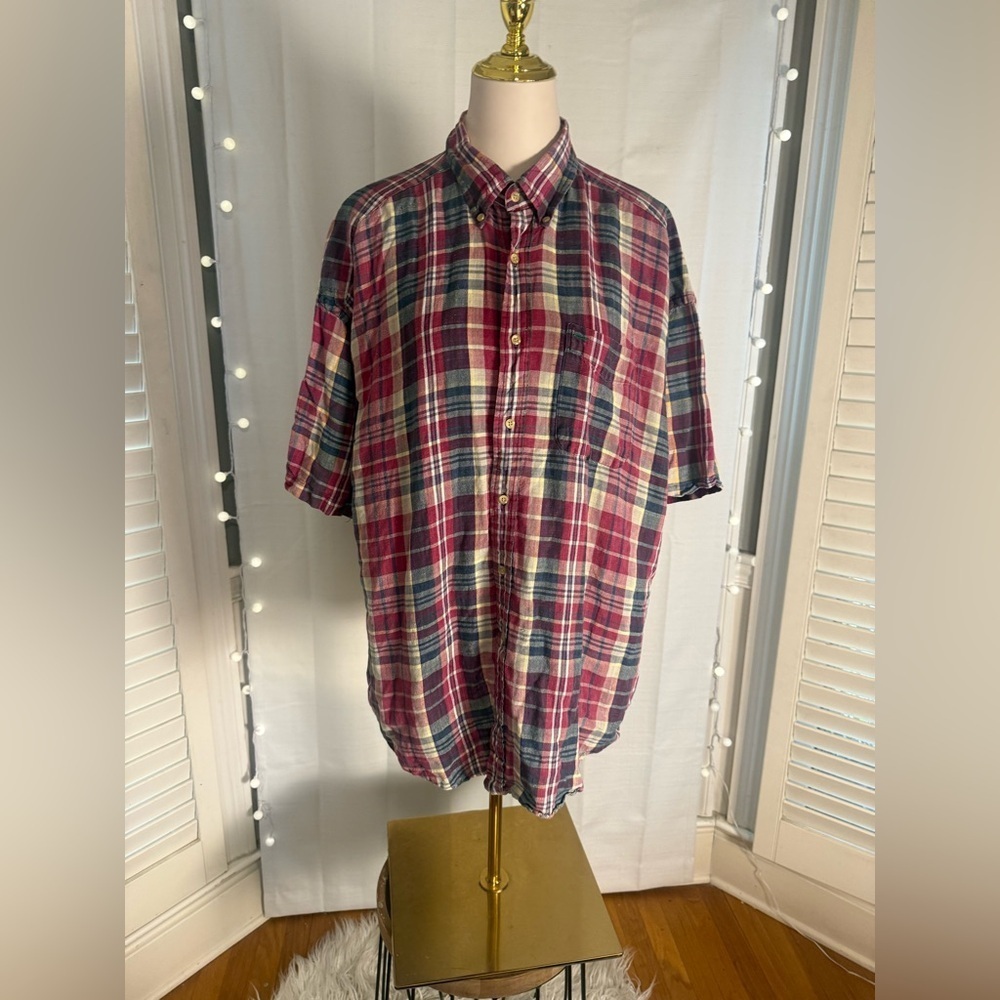 Tommy Hilfiger Men’s Plaid Linen Cotton Button Down Shirt L Y2K Style